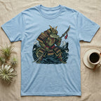 Alligator in samurai armor holding a sword with waves behind.
