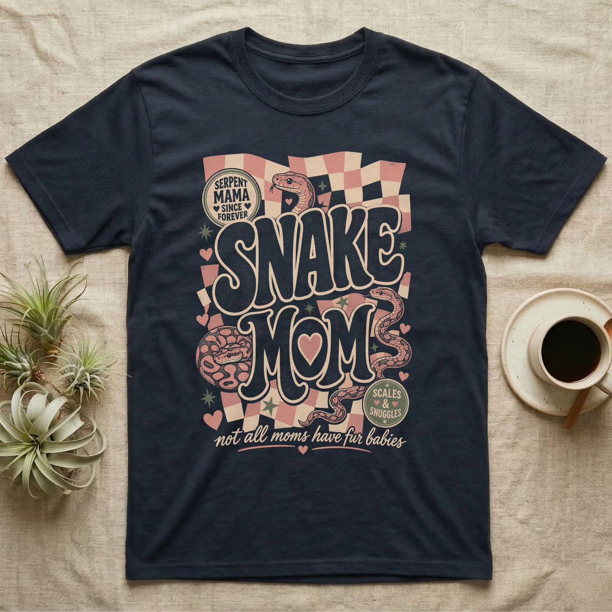Serpent Mama Snake Mom graphic tee with checkered pattern and hearts.