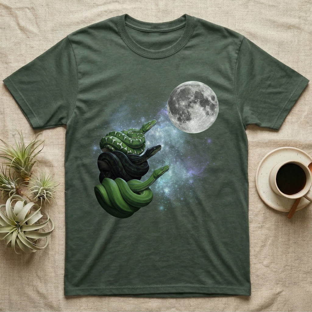 Emerald Tree Boa Moon Howl T-Shirt in Military Green — Three Emerald Tree Boa colour morphs howling at a full moon over a nebula on a dark grey t-shirt.