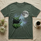 Emerald Tree Boa Moon Howl T-Shirt in Military Green — Three Emerald Tree Boa colour morphs howling at a full moon over a nebula on a dark grey t-shirt.