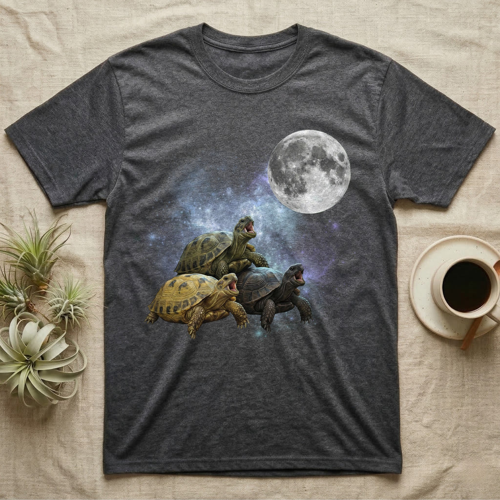 Russian Tortoise Moon Howl T-Shirt in Dark Heather — Three Russian Tortoise colour morphs howling at a full moon over a nebula on a dark grey t-shirt.