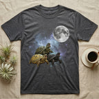 Russian Tortoise Moon Howl T-Shirt in Dark Heather — Three Russian Tortoise colour morphs howling at a full moon over a nebula on a dark grey t-shirt.