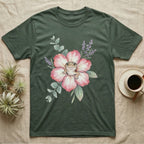 Green t-shirt with leopard gecko and flower graphic.
