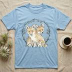 Light blue t-shirt with two foxes in a wreath of branches.