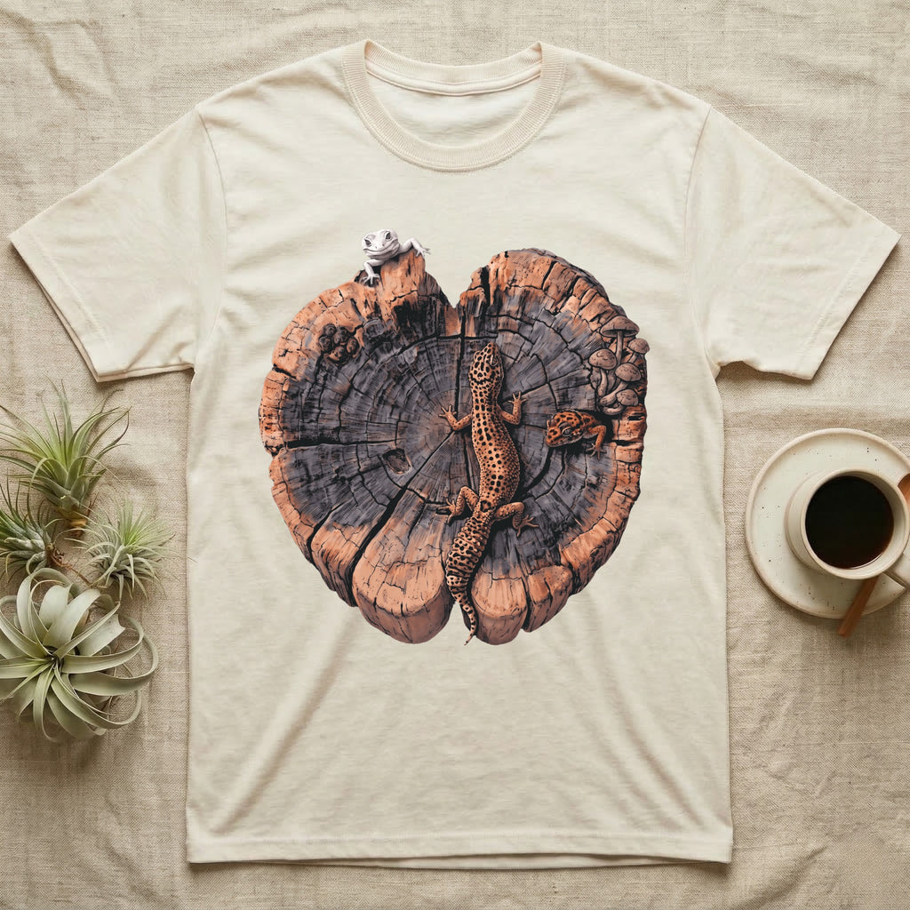 Leopard Gecko Stump Trio T-Shirt in Natural — Three leopard geckos including a leucistic white morph on a cross-section log slab of amber growth rings with mushrooms, no on-shirt text.
