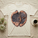 Leopard Gecko Stump Trio T-Shirt in Natural — Three leopard geckos including a leucistic white morph on a cross-section log slab of amber growth rings with mushrooms, no on-shirt text.