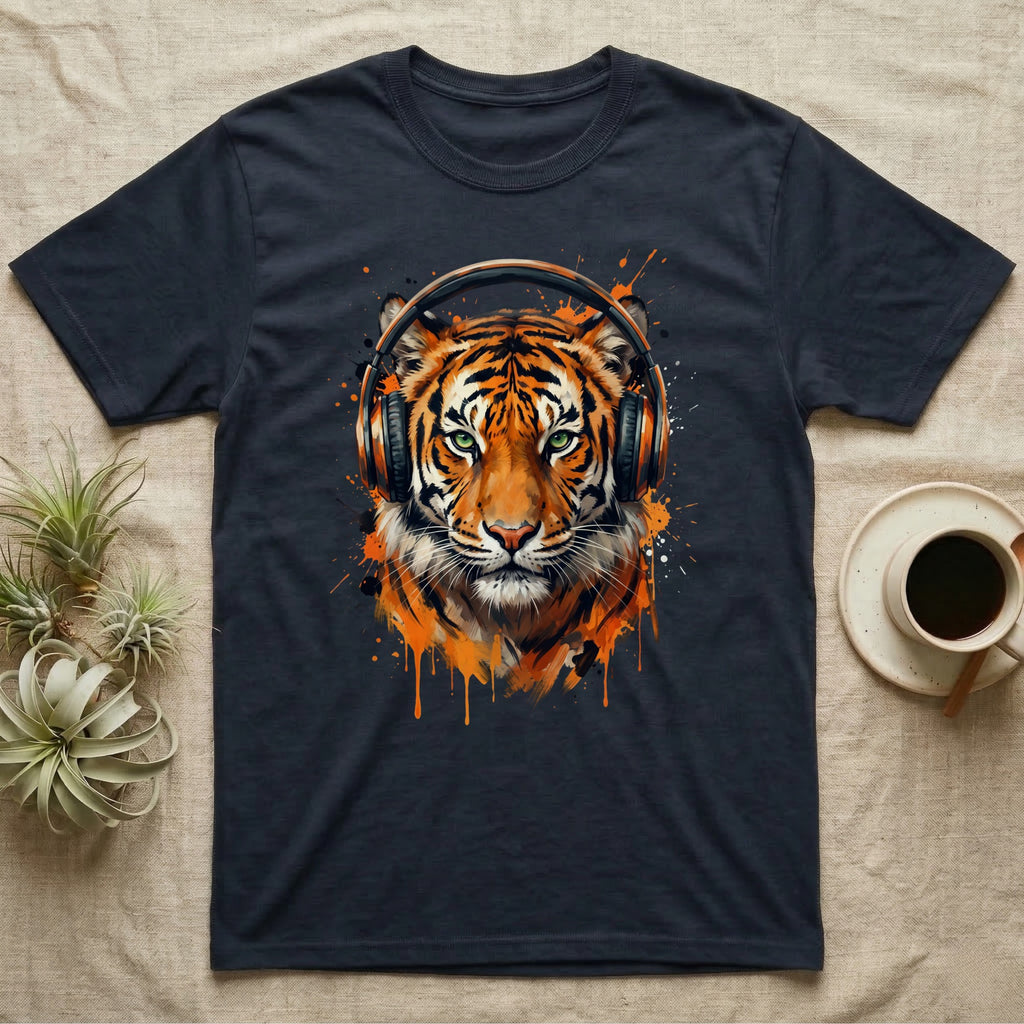 Dark t-shirt with a vibrant tiger wearing orange headphones.