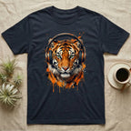 Dark t-shirt with a vibrant tiger wearing orange headphones.