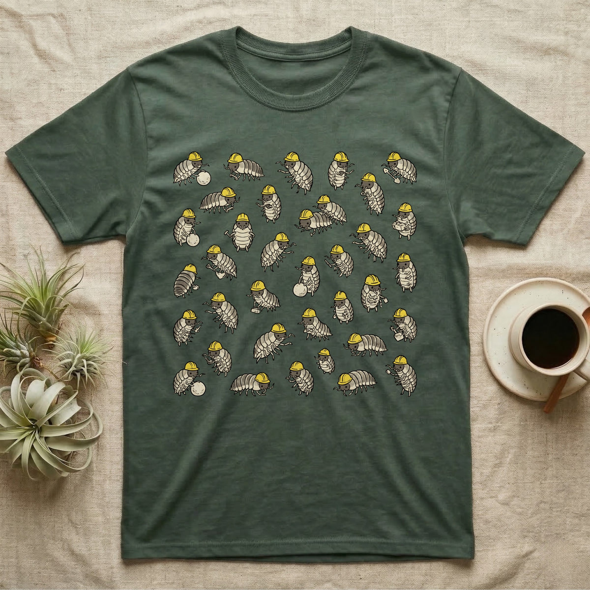 Isopod Cleanup Crew T-Shirt in Military Green — Flat all-over scatter of cheerful isopods in tiny hi-vis hard-hats as a bioactive cleanup crew on shift.