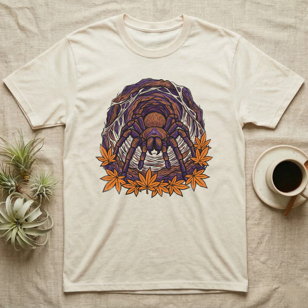 Cream t-shirt with illustration of a large spider and autumn leaves.