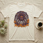 Cream t-shirt with illustration of a large spider and autumn leaves.