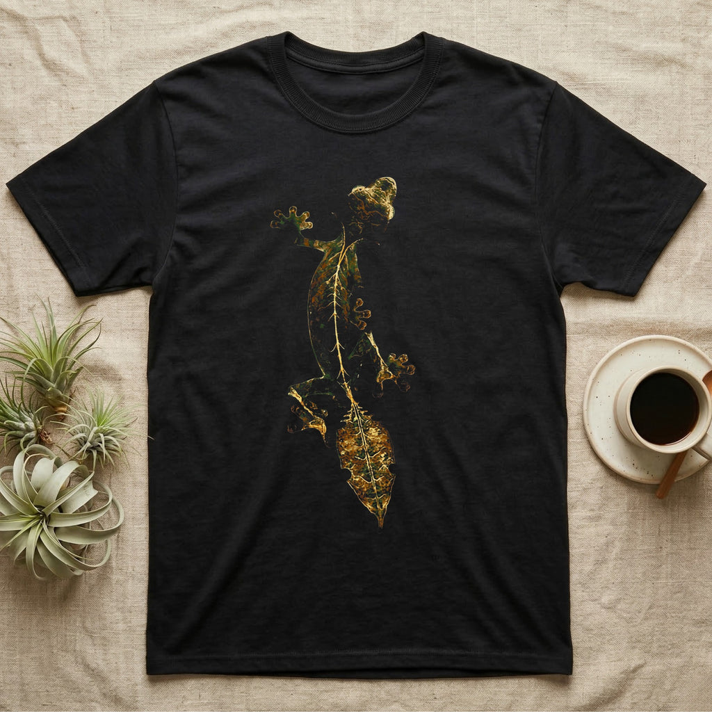 Full-body illustration of an eyelash leaf-tailed gecko mid-climb with a mottled olive-and-gold leaf-shaped tail blending into camouflage texture, no on-shirt text. — shown on a Black tee.