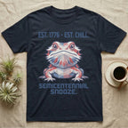Bearded Dragon Geometric T-Shirt in Navy — Low-poly faceted bearded dragon portrait in muted tones with text Est. 1776 Est. Chill and Semicentennial Snooze.