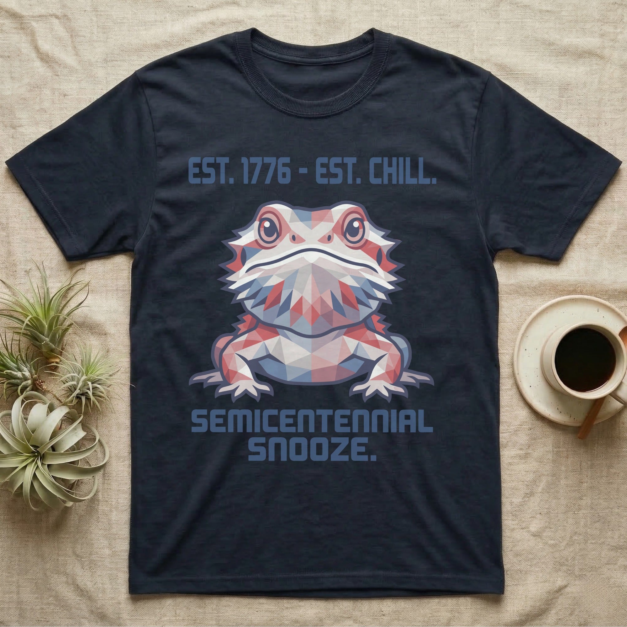 Bearded Dragon Geometric T-Shirt in Navy — Low-poly faceted bearded dragon portrait in muted tones with text Est. 1776 Est. Chill and Semicentennial Snooze.