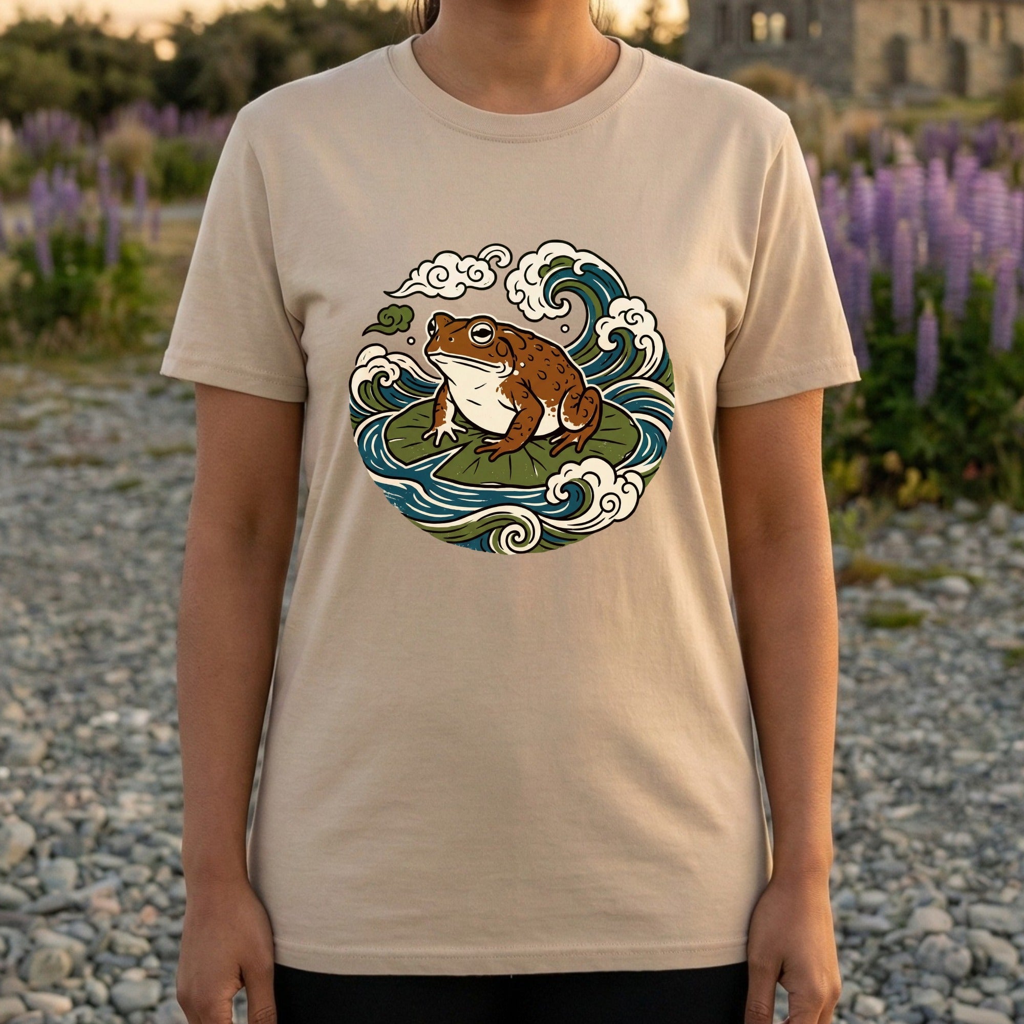 Artistic Frog Waves Graphic on Beige T-shirt