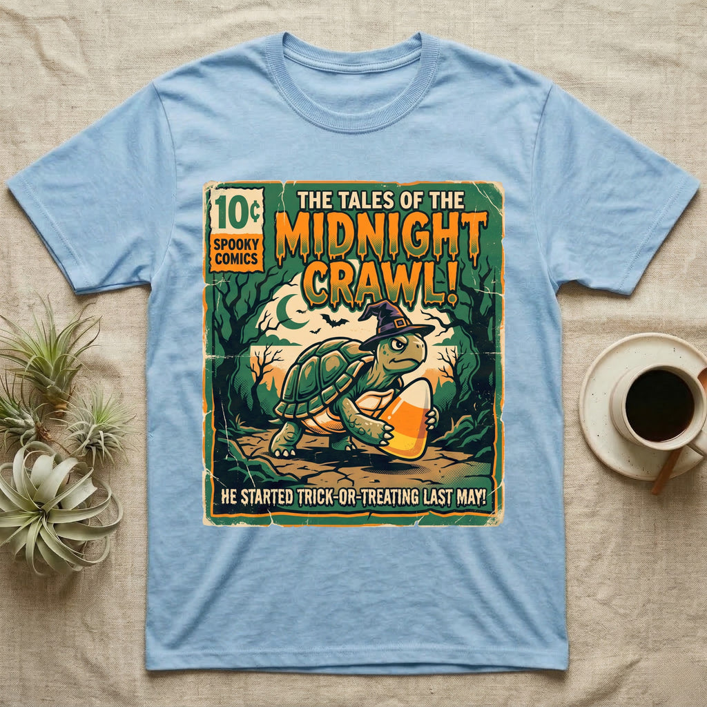 Tortoise Midnight Crawl Comic T-Shirt in Light Blue — Vintage comic cover of a witch-hatted tortoise with candy corn in a moonlit forest, "Tales of the Midnight Crawl."