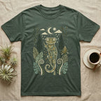 Crested Gecko Rainforest T-Shirt in Military Green — Linocut-style crested gecko clinging to a branch under a crescent moon, framed by rainforest ferns, pines and leaves.
