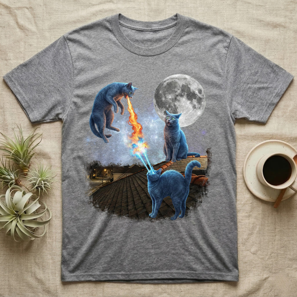 Blue cats shooting lasers and fire on a rooftop under a full moon.