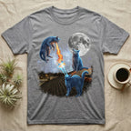 Blue cats shooting lasers and fire on a rooftop under a full moon.