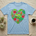 Light blue t-shirt with a heart-shaped tropical foliage and frog design.
