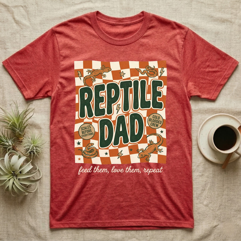 Red t-shirt with "Reptile Dad" text, scales, and lizards, plus phrases.