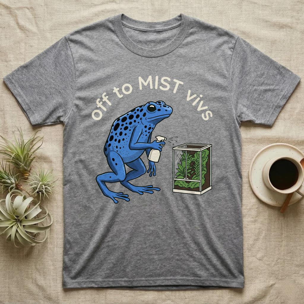 Dart Frog Misting T-Shirt in Sport Grey — Spotted blue dart frog spraying a planted vivarium under the words off to MIST vivs
