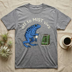 Dart Frog Misting T-Shirt in Sport Grey — Spotted blue dart frog spraying a planted vivarium under the words off to MIST vivs