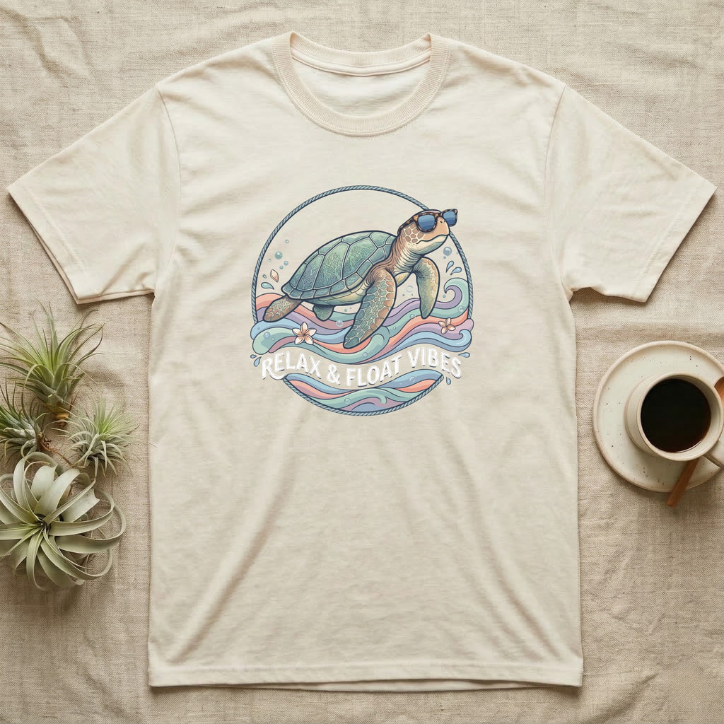 Cream t-shirt with graphic of a sea turtle wearing sunglasses and the text "Relax & Float Vibes".