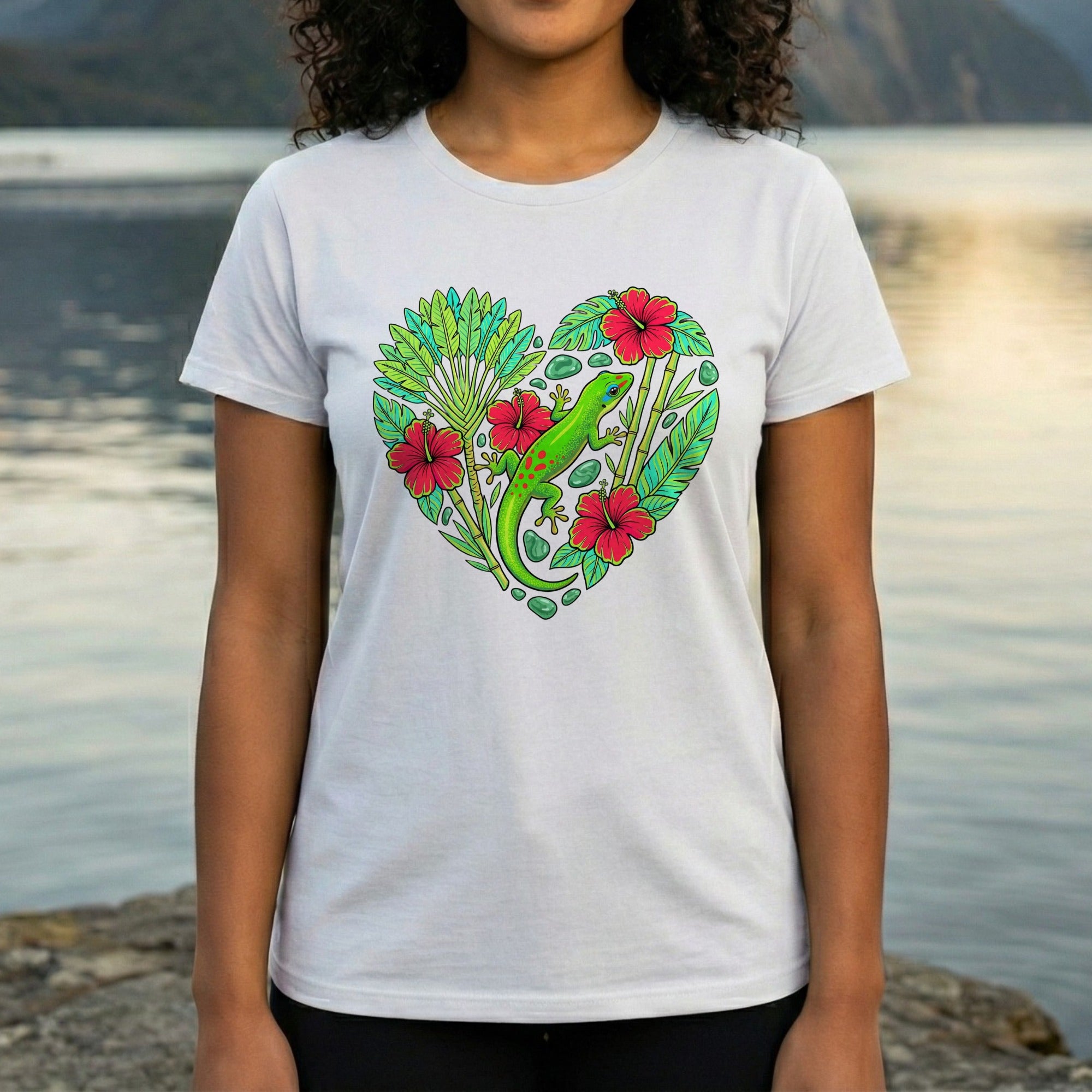 Vibrant Nature Heart And Lizard Graphic T-Shirt