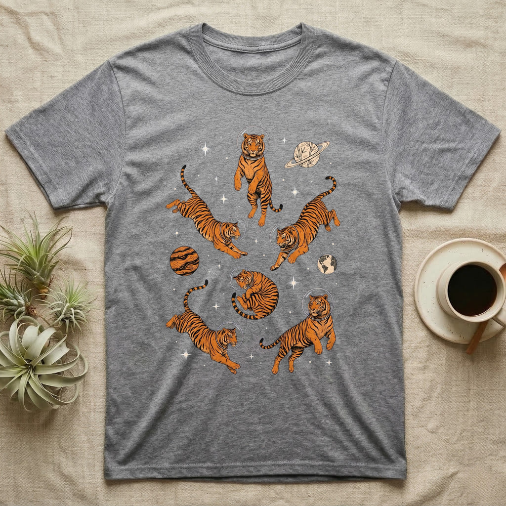 T-shirt with cartoon tigers floating among planets and stars.