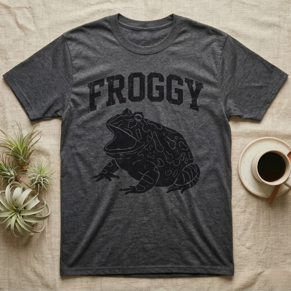 Pacman Frog Froggy T-Shirt in Dark Heather — Worn one-ink print of a round pacman frog puffed up with its mouth gaped wide, under the arched word FROGGY