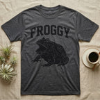 Pacman Frog Froggy T-Shirt in Dark Heather — Worn one-ink print of a round pacman frog puffed up with its mouth gaped wide, under the arched word FROGGY