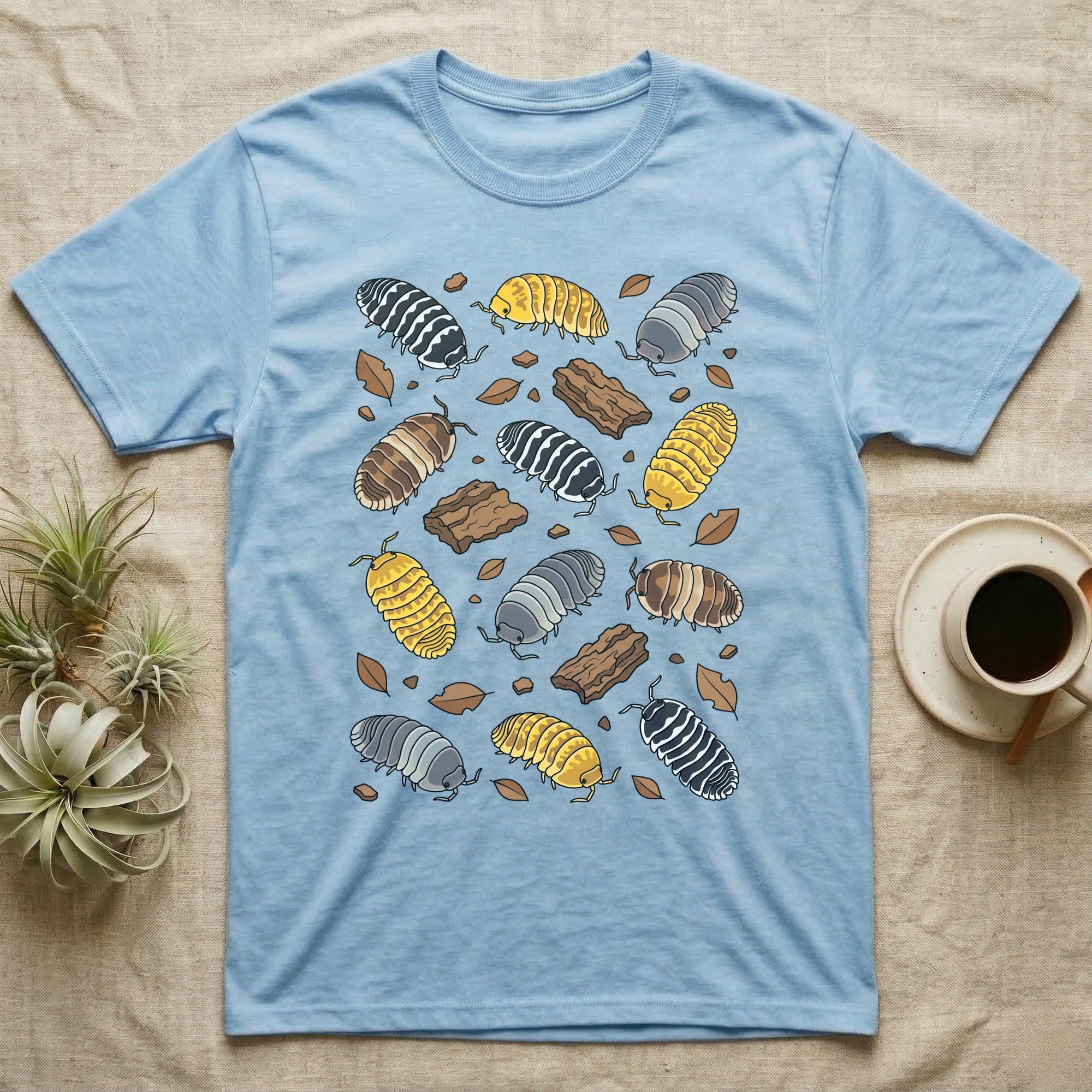 Cubaris Isopod Morphs T-Shirt in Light Blue — Vector illustration of scattered Cubaris isopod morphs including Panda King, Jupiter, Cappuccino and Zebra on grey.