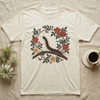 Vietnamese Centipede Botanical T-Shirt in Natural — Vietnamese giant centipede painted in matte oil, in profile on a branch inside an oval bower of flowering bramble.