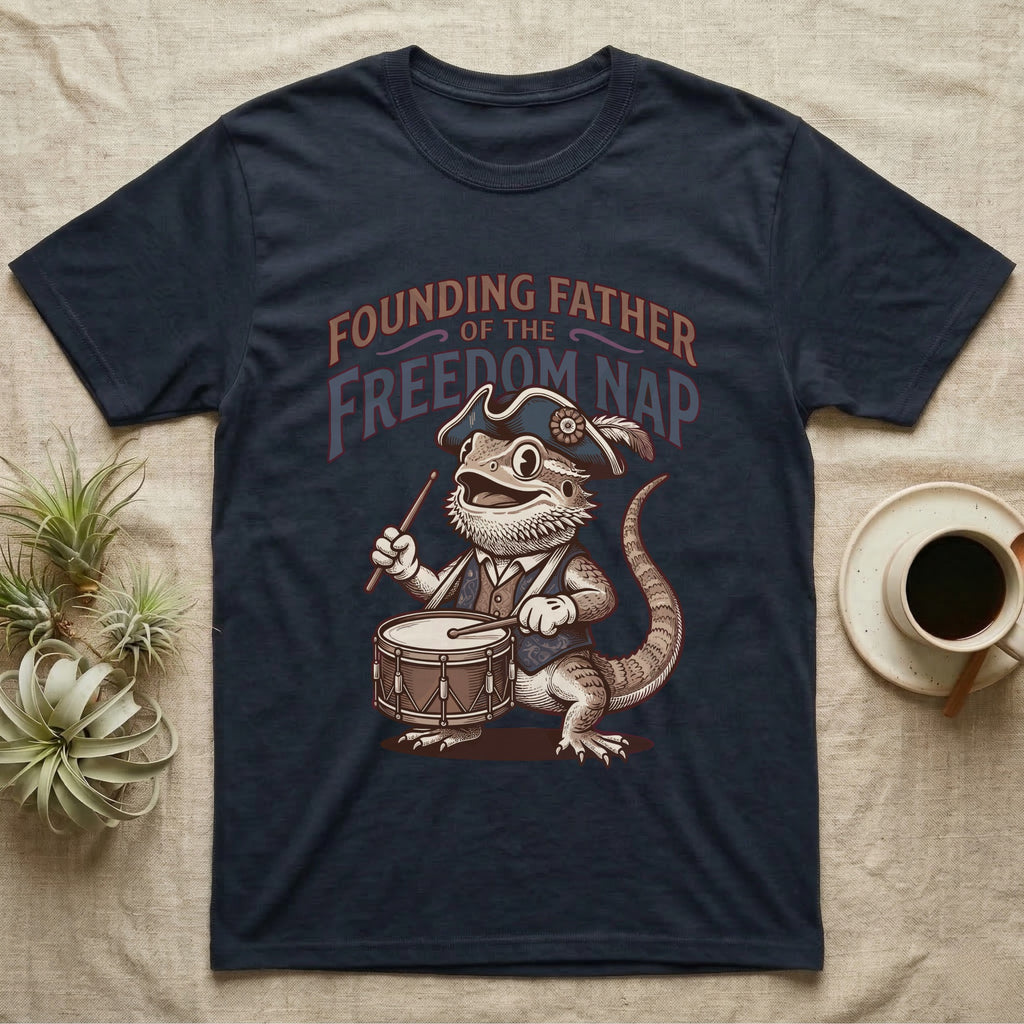 Bearded Dragon Drummer T-Shirt in Navy — Sepia woodcut bearded dragon as a Revolutionary drummer boy under ornate text Founding Father of the Freedom Nap.