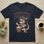 Bearded Dragon Drummer T-Shirt in Navy — Sepia woodcut bearded dragon as a Revolutionary drummer boy under ornate text Founding Father of the Freedom Nap.