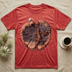 Leopard Gecko Stump Trio T-Shirt in Heather Red — Three leopard geckos including a leucistic white morph on a cross-section log slab of amber growth rings with mushrooms, no on-shirt text.