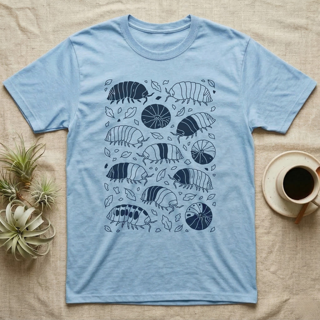 Cubaris Isopod Morph Collection T-Shirt in Light Blue — Deep navy single-ink illustration of Cubaris isopods in varied morph patterns scattered across leaf litter.