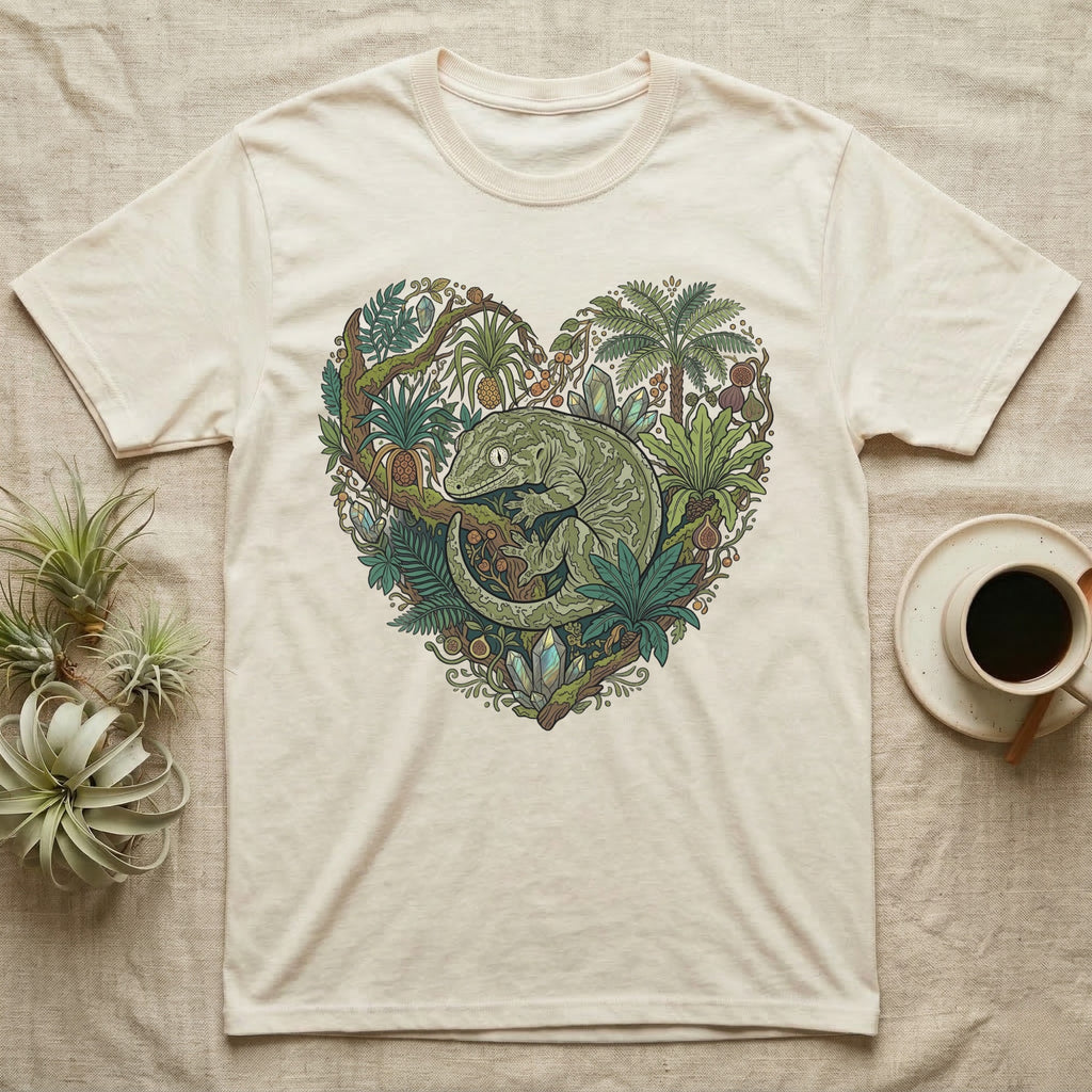 Cream t-shirt with a green gecko and tropical foliage forming a heart shape.