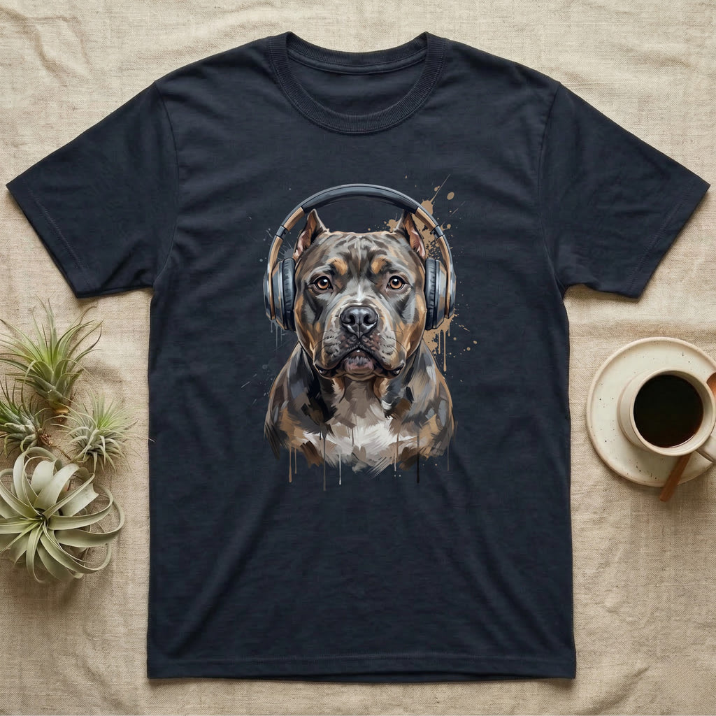 Dark t-shirt featuring a watercolor pit bull wearing headphones.