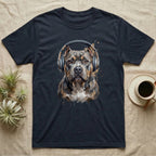 Dark t-shirt featuring a watercolor pit bull wearing headphones.