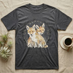 Dark grey t-shirt with illustration of two foxes in a circular wreath of branches.