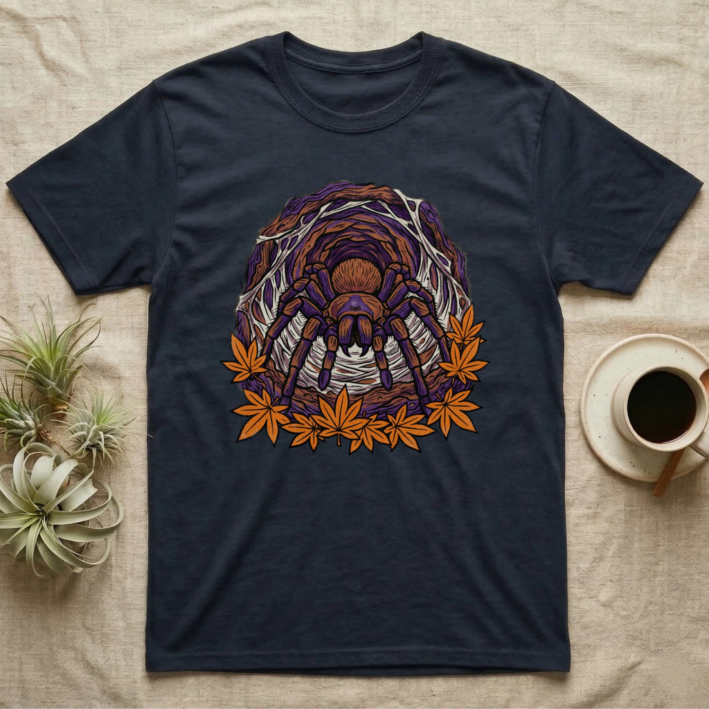 Dark t-shirt with a tarantula and web design surrounded by autumn leaves.