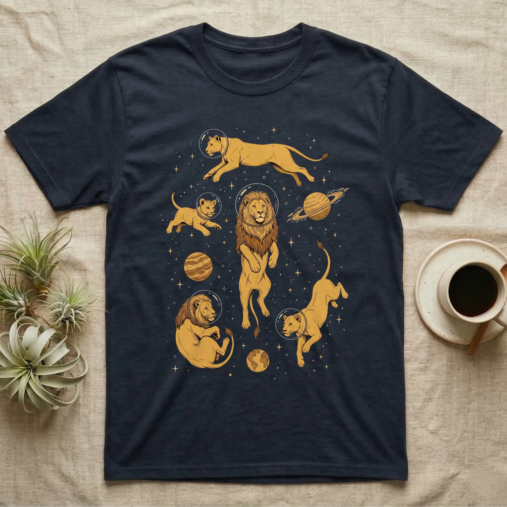 Lions in astronaut helmets float among planets and stars on a navy blue t-shirt.