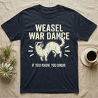 Weasel War Dance Ferret Tee in Navy — Grunge-distressed ferret mid-war-dance in S-curve bounce with stacked type "Weasel War Dance / If You Know."