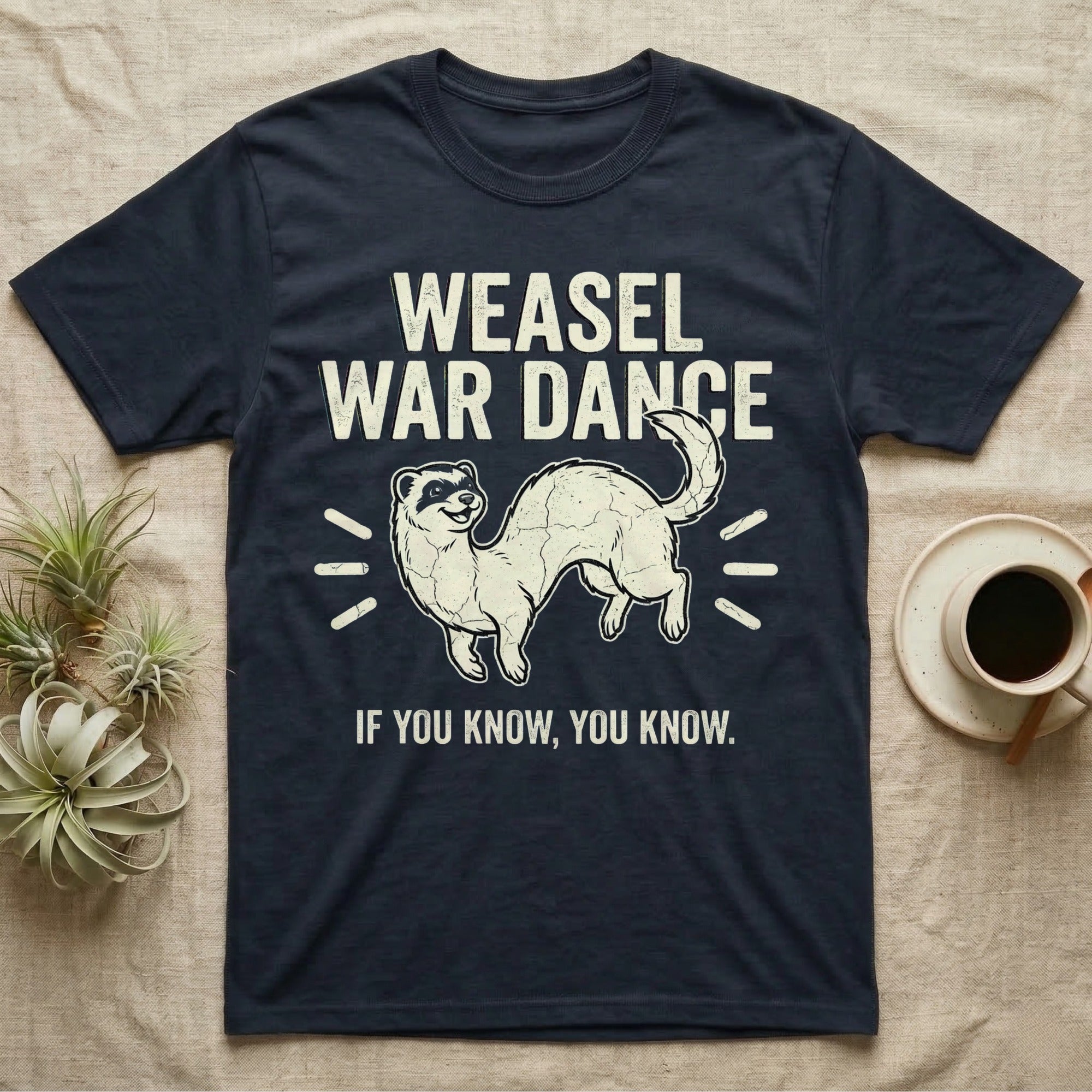 Weasel War Dance Ferret Tee in Navy — Grunge-distressed ferret mid-war-dance in S-curve bounce with stacked type "Weasel War Dance / If You Know."