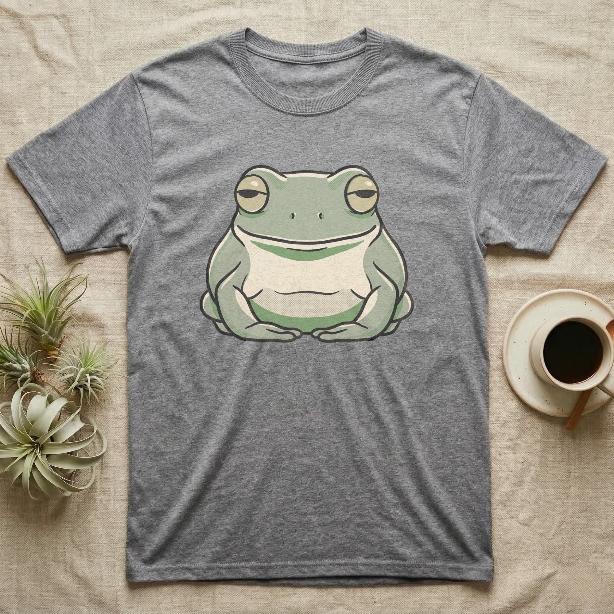 Tree Frog Deadpan T-Shirt in Sport Grey — Bold vector portrait of a White's tree frog with a flat deadpan expression and a naturally smiling mouth line.