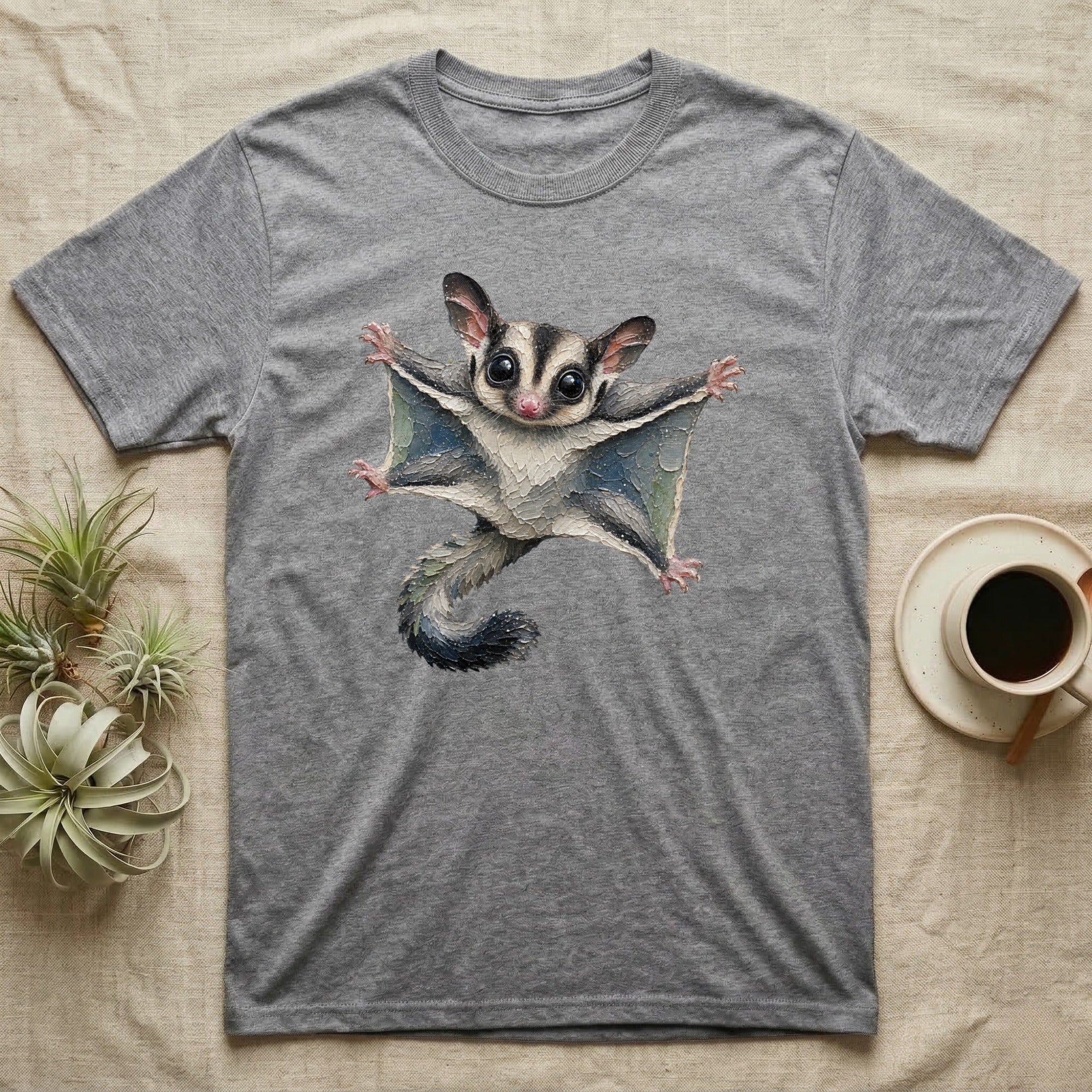 Grey t-shirt with a flying sugar glider illustration.