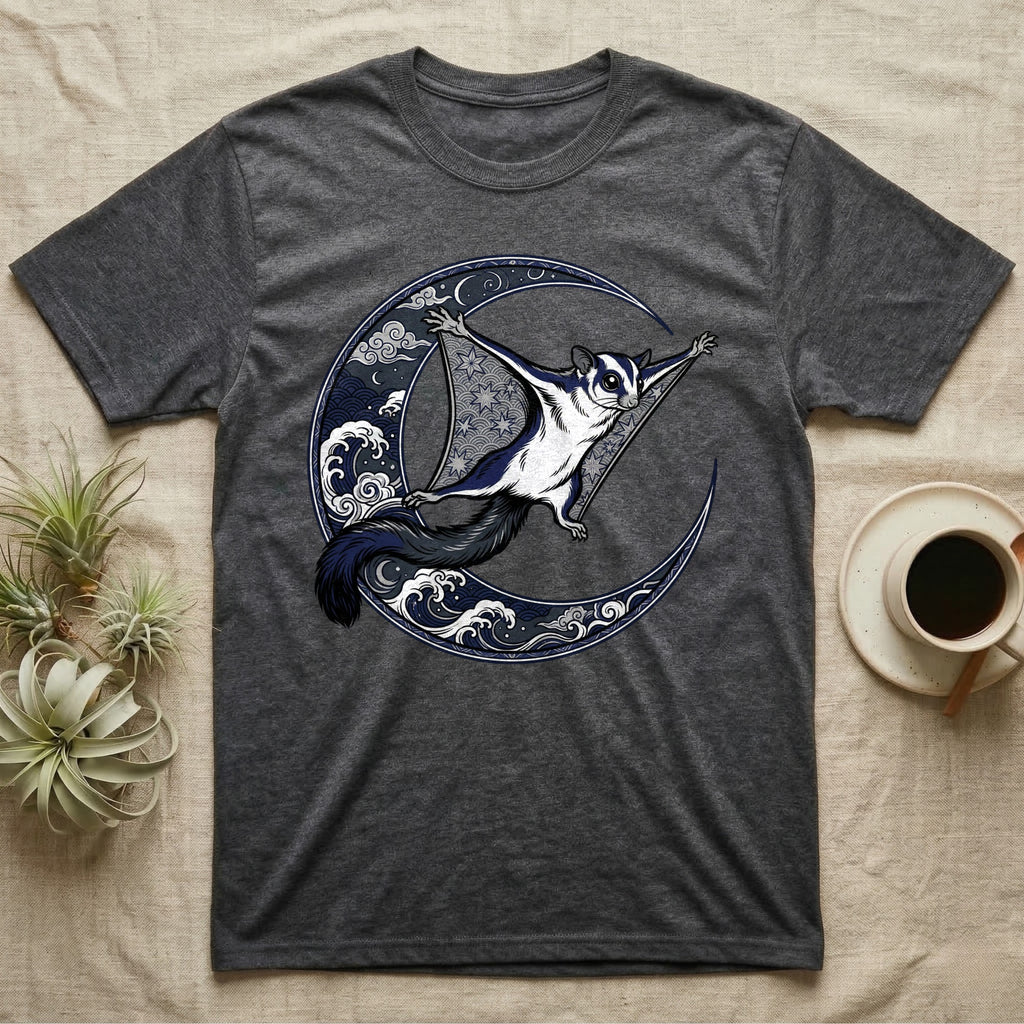 Dark grey t-shirt with flying sugar glider on crescent moon design.