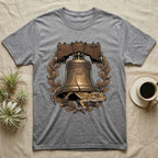 Leopard Gecko Liberty Bell T-Shirt in Sport Grey — Engraved leopard gecko emerging beneath the bronze Liberty Bell inside an oak-leaf and acorn wreath.